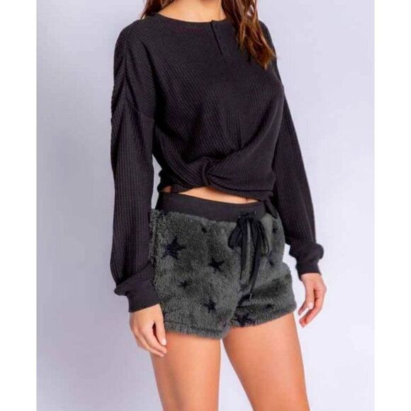 $48 P. J. Salvage Cozy  Star Print Sherpa Fleece Lounge Shorts, Olive (RZCOS), S - Picture 1 of 11